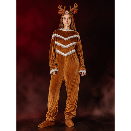 Women's Brown Reindeer Costume Jumpsuit, Hooded Animal Onesie with Antlers main product view