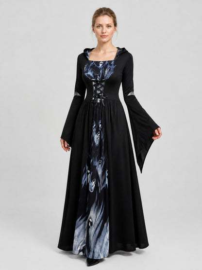 Halloween Witch Dress with Hood and Skeleton Design Costume Dresses detail