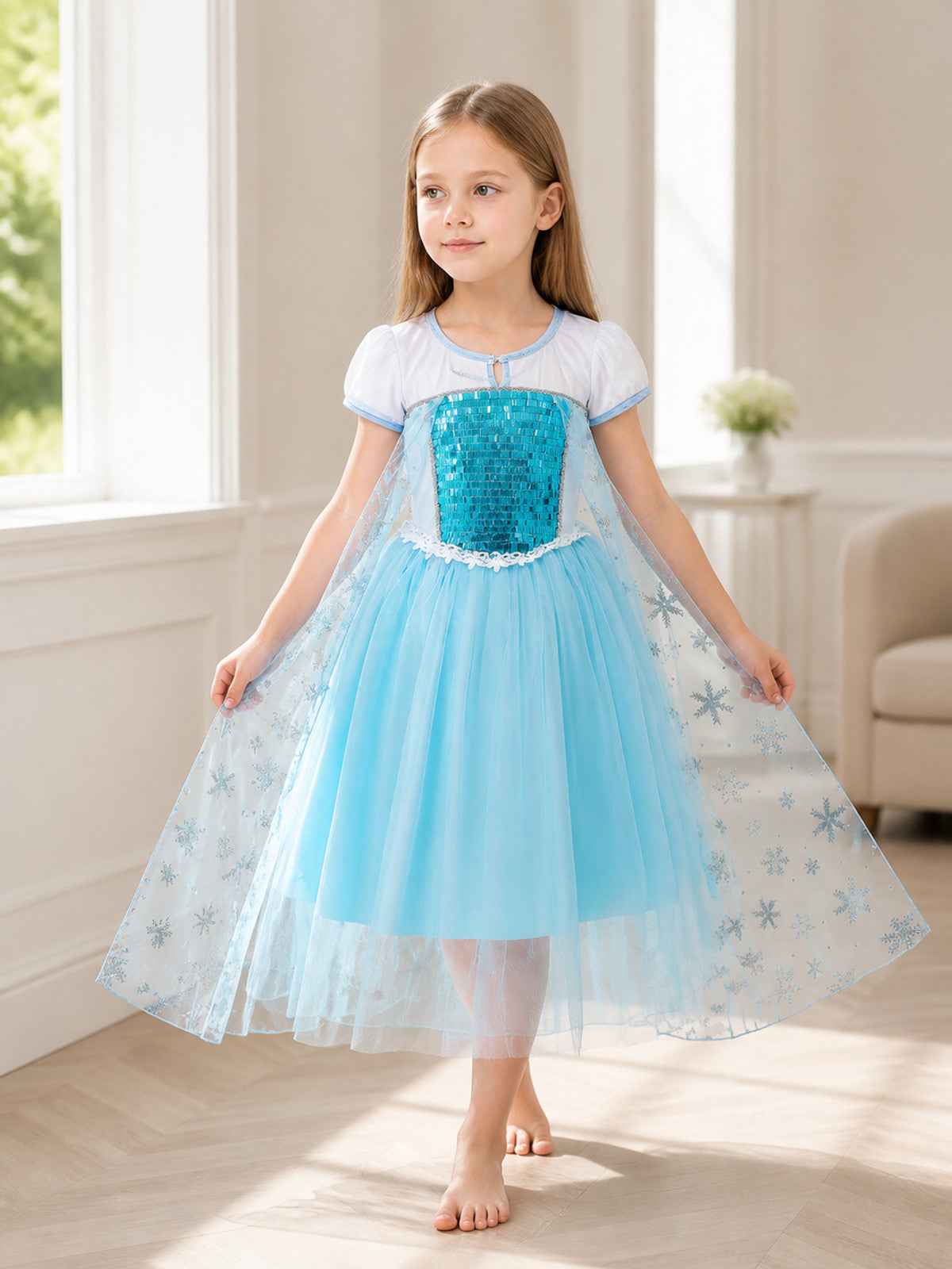 Light Blue Dress with White Cape, Snowflakes, and Sequins lifestyle view