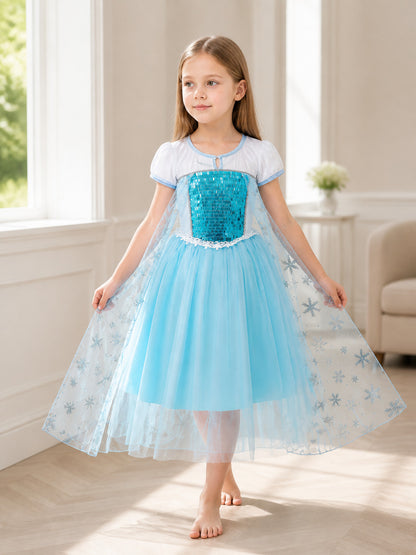 Light Blue Dress with White Cape, Snowflakes, and Sequins lifestyle view