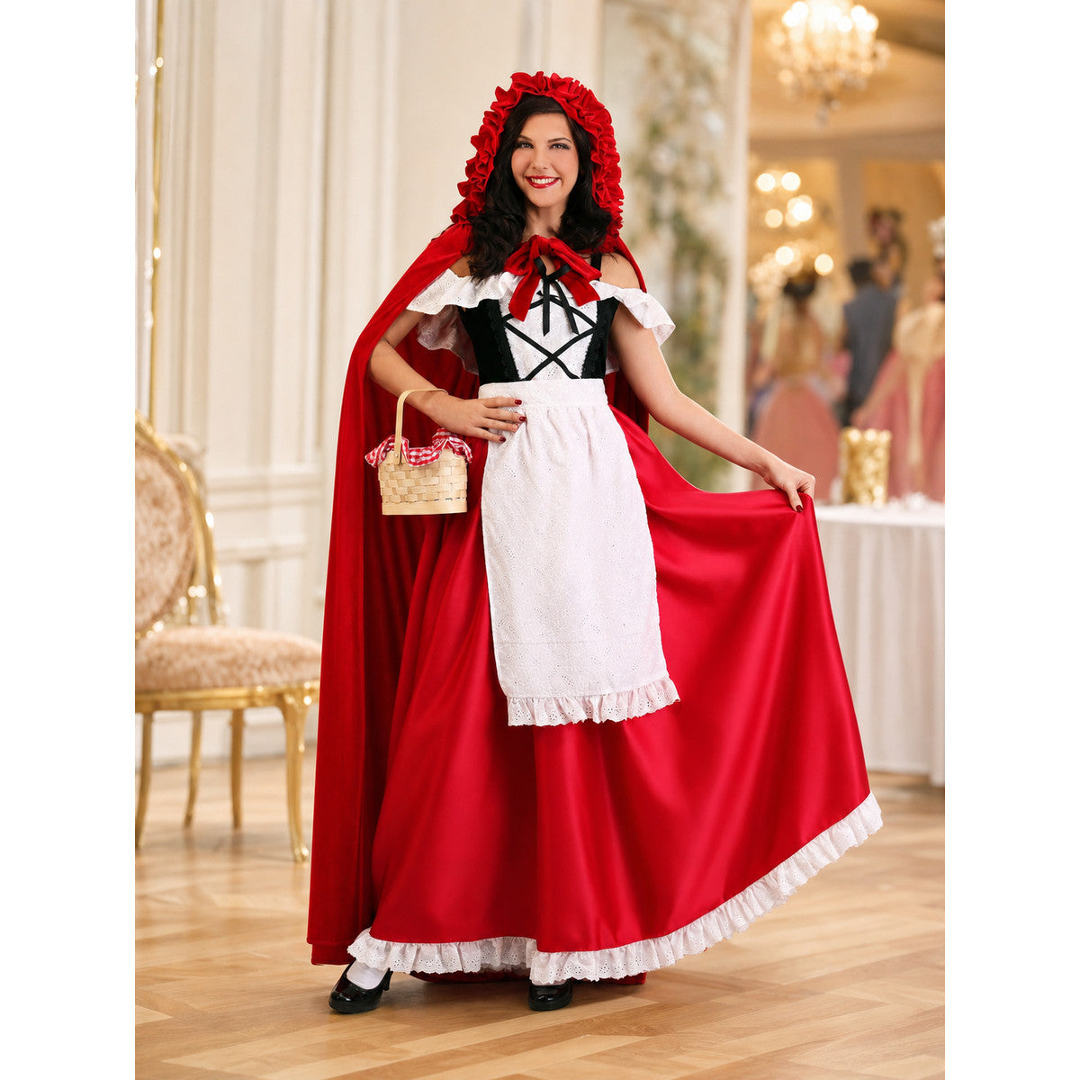 Red Riding Hood costume set designed as a dress with a cape, suitable for stage performances, festive dress-up, and themed cosplay. The set includes a costume combining a red dress with a full silhouette, a white apron-style front, and a re