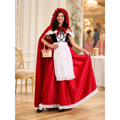 Red Riding Hood costume set designed as a dress with a cape, suitable for stage performances, festive dress-up, and themed cosplay. The set includes a costume combining a red dress with a full silhouette, a white apron-style front, and a re