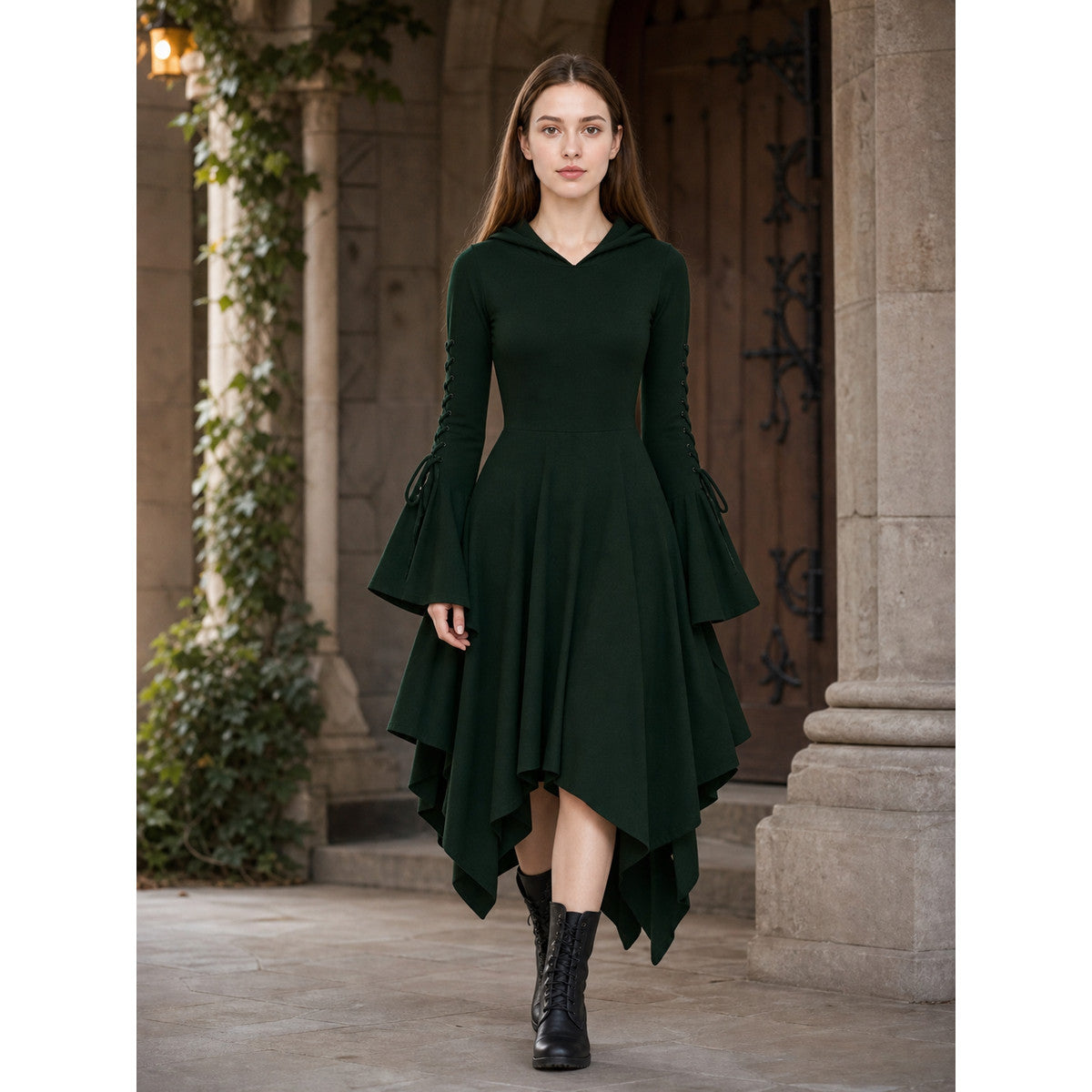 Gothic Hooded Dress with an Asymmetrical Hem