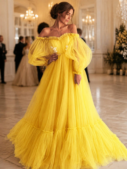 Long Yellow Dress with Puff Sleeves and Ruffle lifestyle view