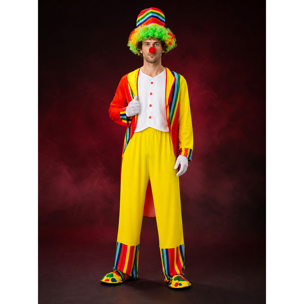 Adult Circus Clown Costume Set - Rainbow Stripe Tuxedo with Hat (4 Pieces) for main product view