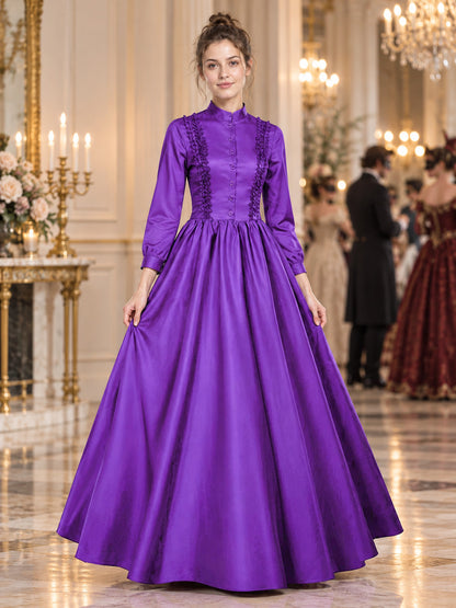Purple Floor-Length Dress with High Collar and Lace