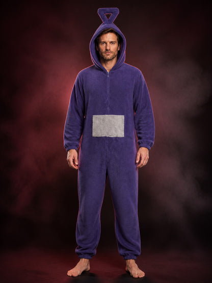 Adult Unisex Purple Cartoon Character Hooded Jumpsuit Costume, Front Zip Funny main product view
