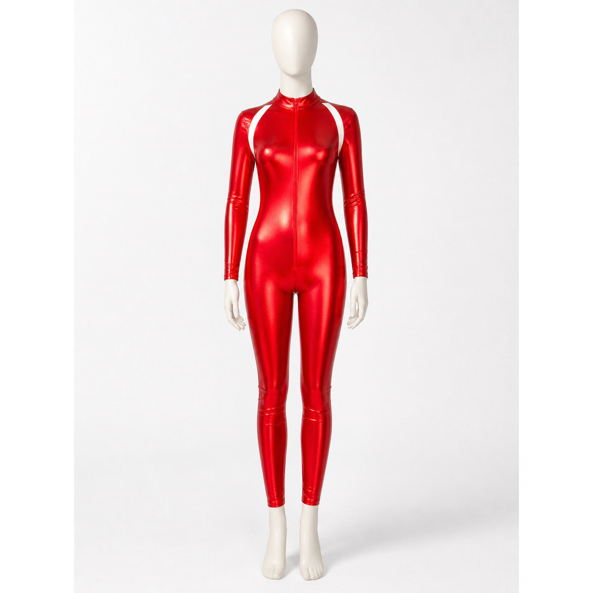 Red one-piece jumpsuit with a high collar