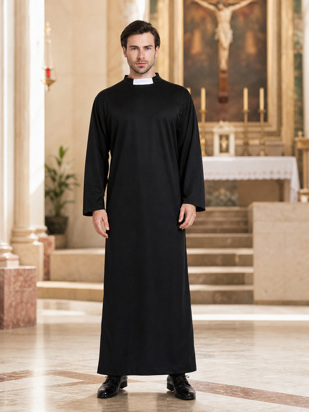 Halloween Priest Costume, Black Robe with Collar lifestyle view