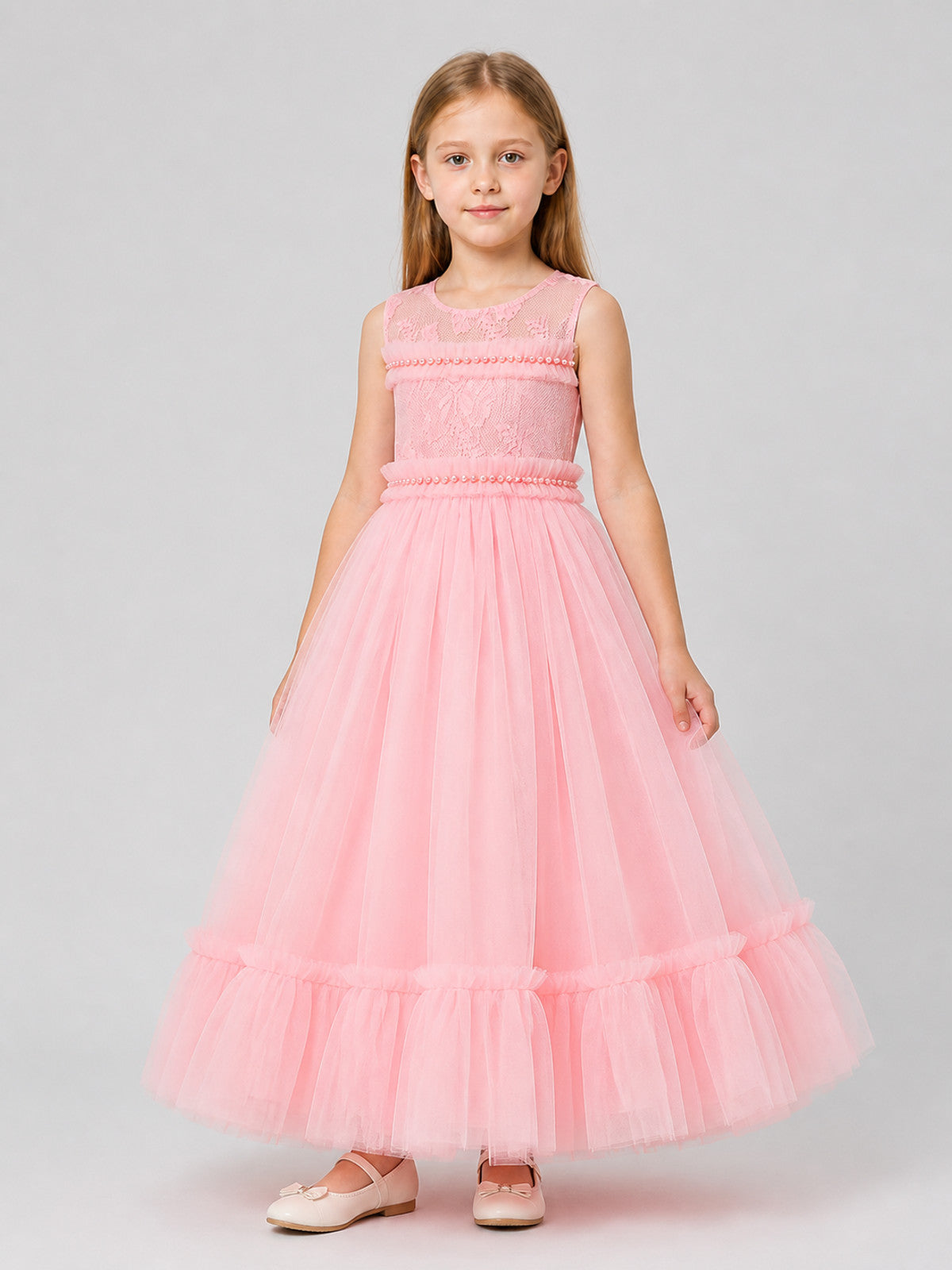 Long Pink Lace Princess Dress for Girls Costume Dresses detail