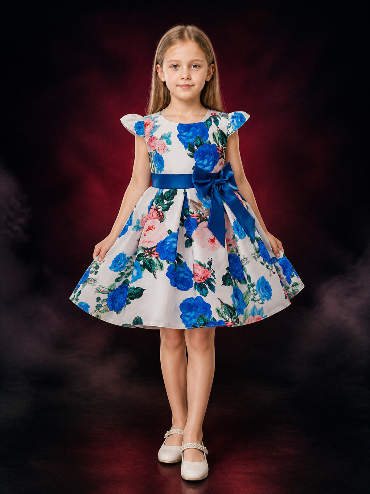 Girls' Princess Dress, Floral Print Short Sleeve Party Dress with Blue Bow main product view