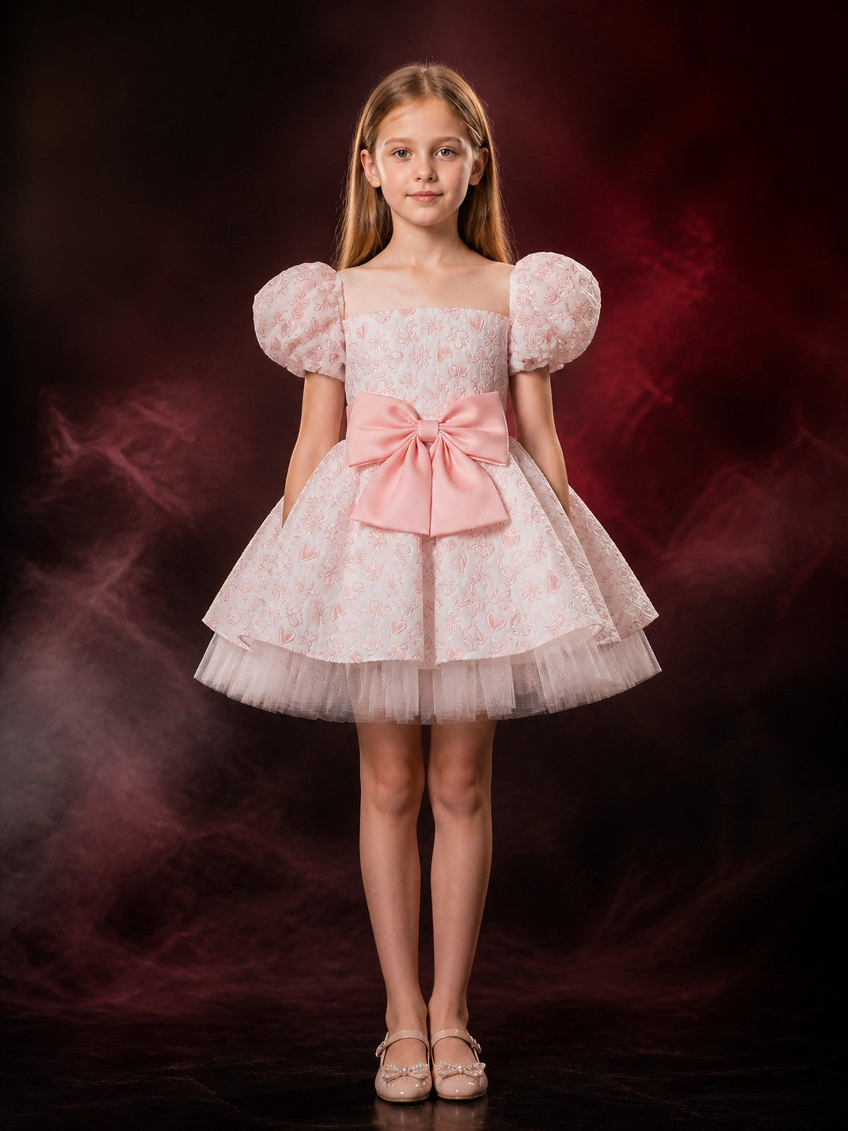Toddler Girls' Princess Dress with Puff Sleeves, Bow and Heart Flower Embroidery main product view