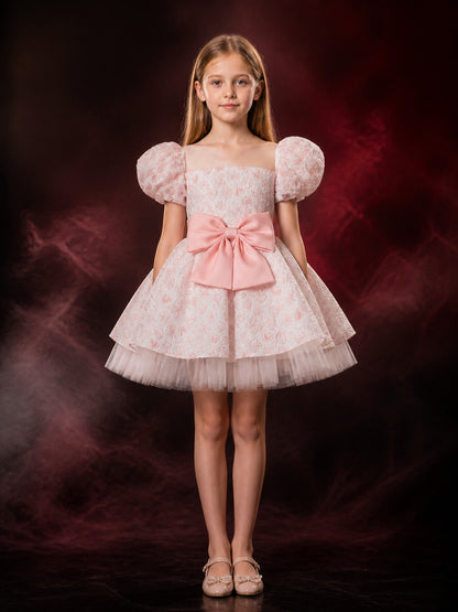 Toddler Girls' Princess Dress with Puff Sleeves, Bow and Heart Flower Embroidery main product view