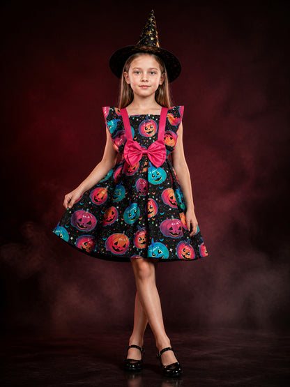 Girls' Witch Costume Dress Set With Pumpkin Print, Ruffle Sleeves And Hat main product view