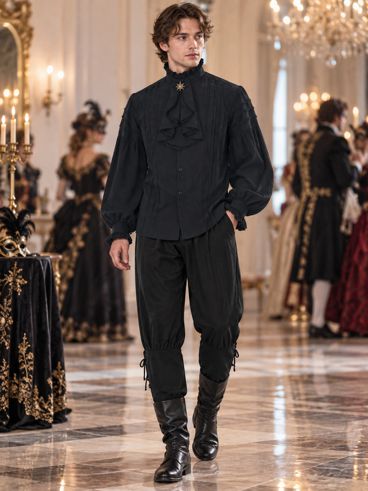 Medieval-Style Costume in Black with a Jabot and Star Brooch