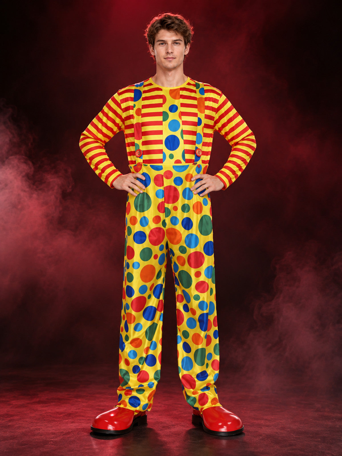 Adult Clown Costume Yellow with Polka Dots and Striped Sleeves