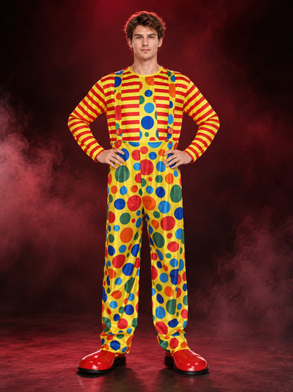 Adult Clown Costume Yellow with Polka Dots and Striped Sleeves