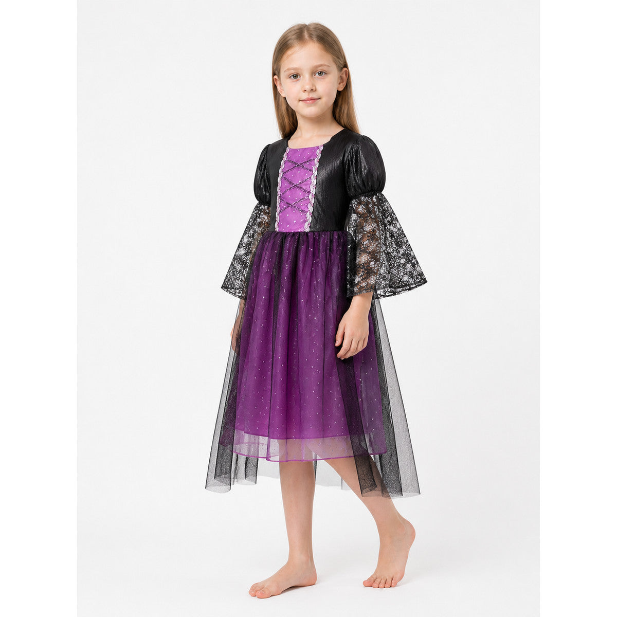 Black and Purple Carnival Dress with Lace Sleeves Costume Dresses detail