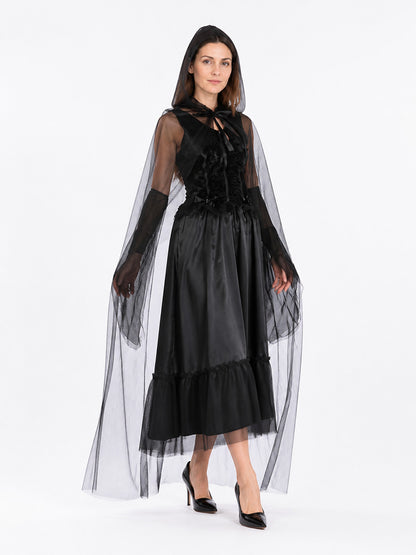 Black Ghost Bride Dress with Hood and Cape Costume Dresses detail