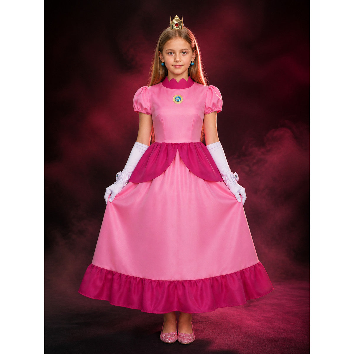 Children's Peach Princess Costume Dress Set with Crown, Gloves, and Brooch main product view