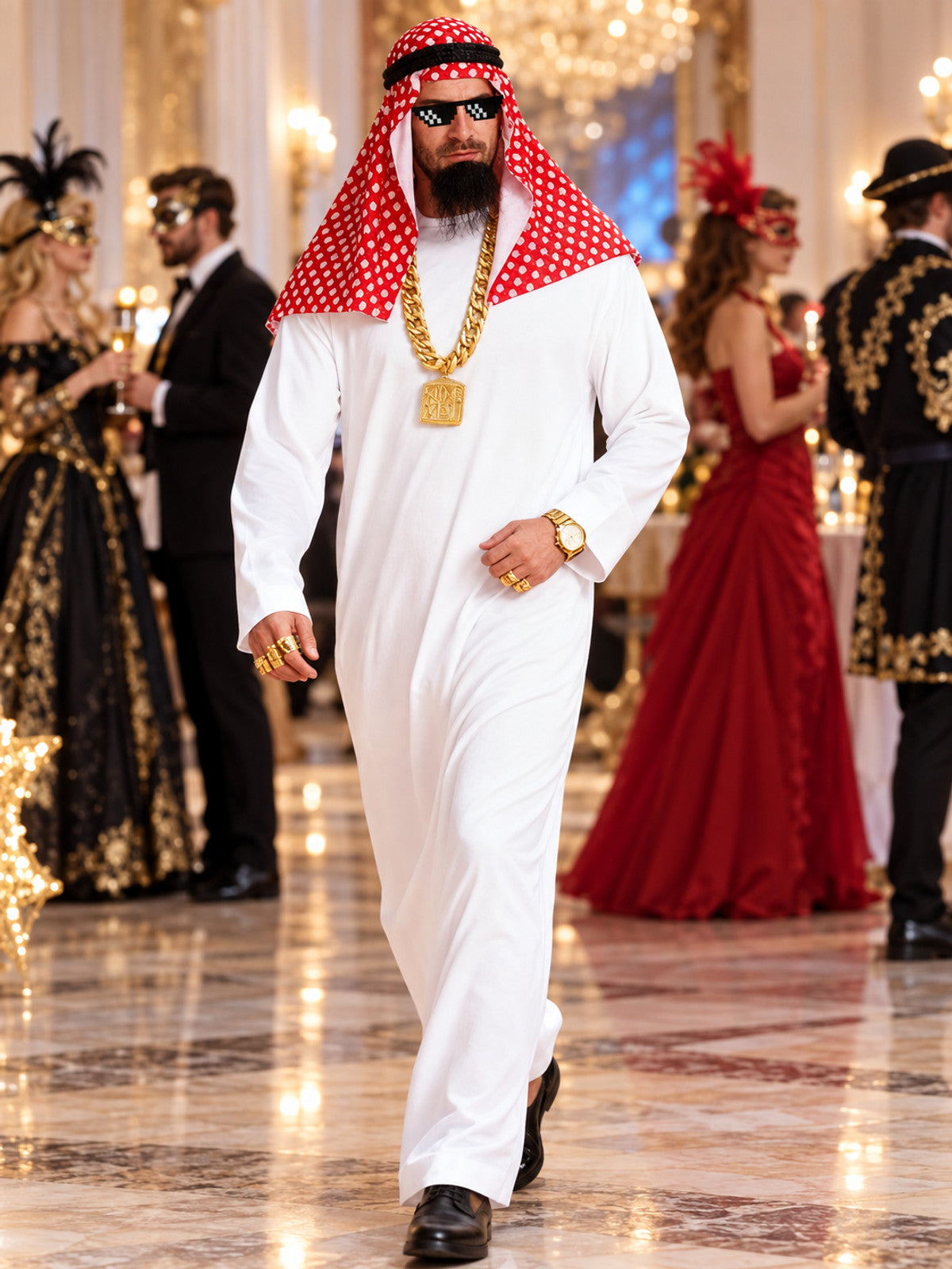 White clothing set with red scarf and chain
