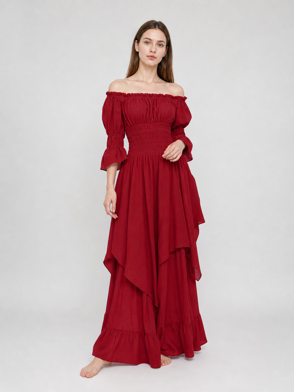 Burgundy Off-the-Shoulder Retro-Style Dress