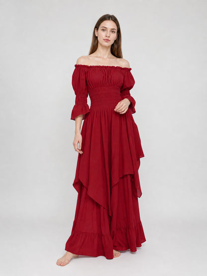 Burgundy Off-the-Shoulder Retro-Style Dress