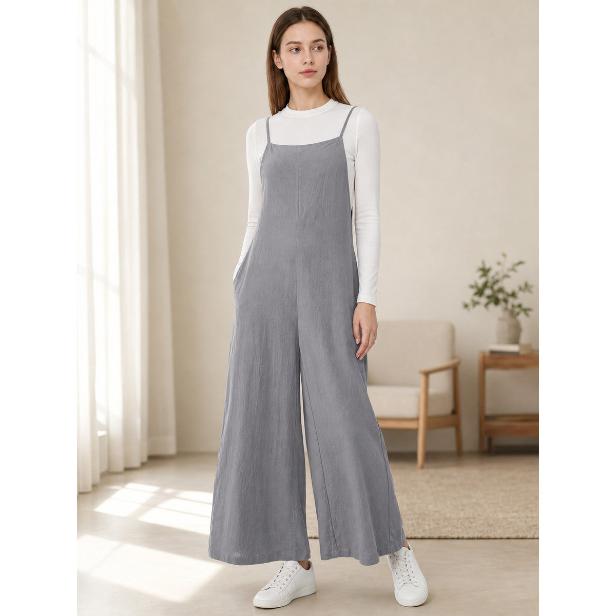 Gray Cotton-Linen Wide-Leg Bib Overalls with Straps