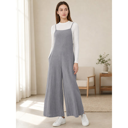 Gray Cotton-Linen Wide-Leg Bib Overalls with Straps