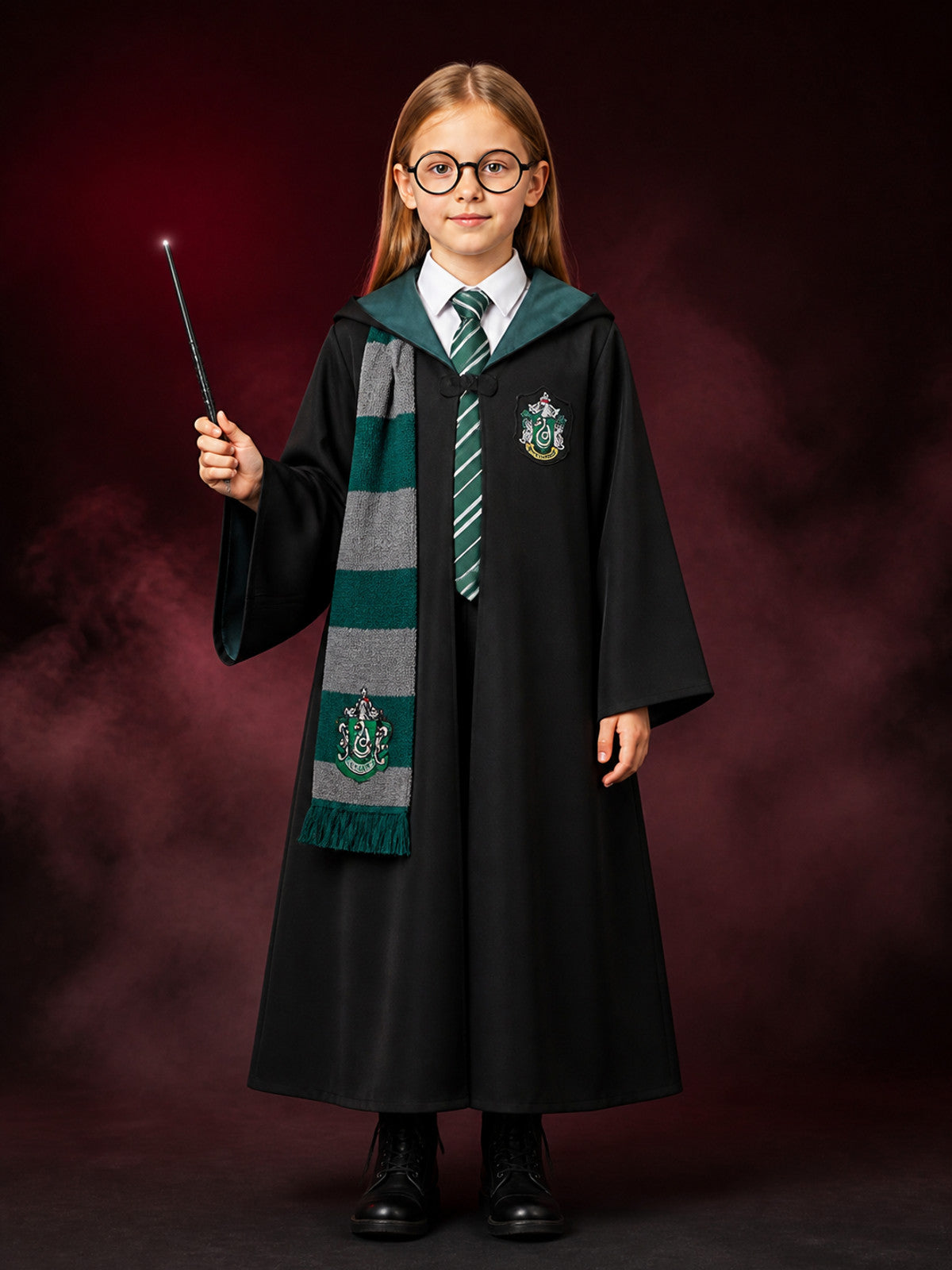 Wizard Cosplay Costume Set with Hooded Robe, Striped Scarf, Tie, Glasses & Wand main product view