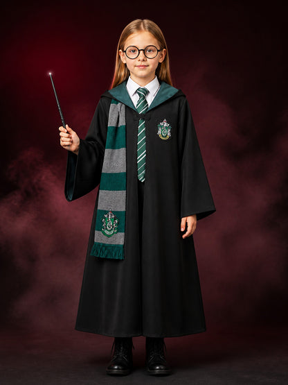 Wizard Cosplay Costume Set with Hooded Robe, Striped Scarf, Tie, Glasses & Wand main product view