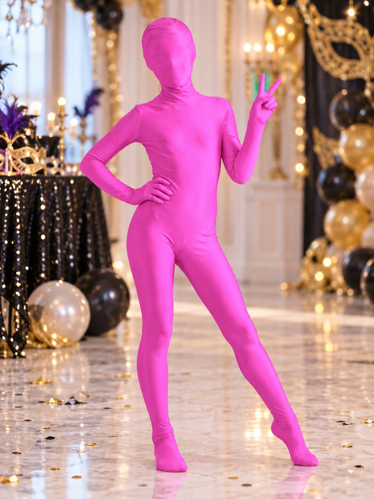 Bright Pink Jumpsuit Costume with Hood Mask