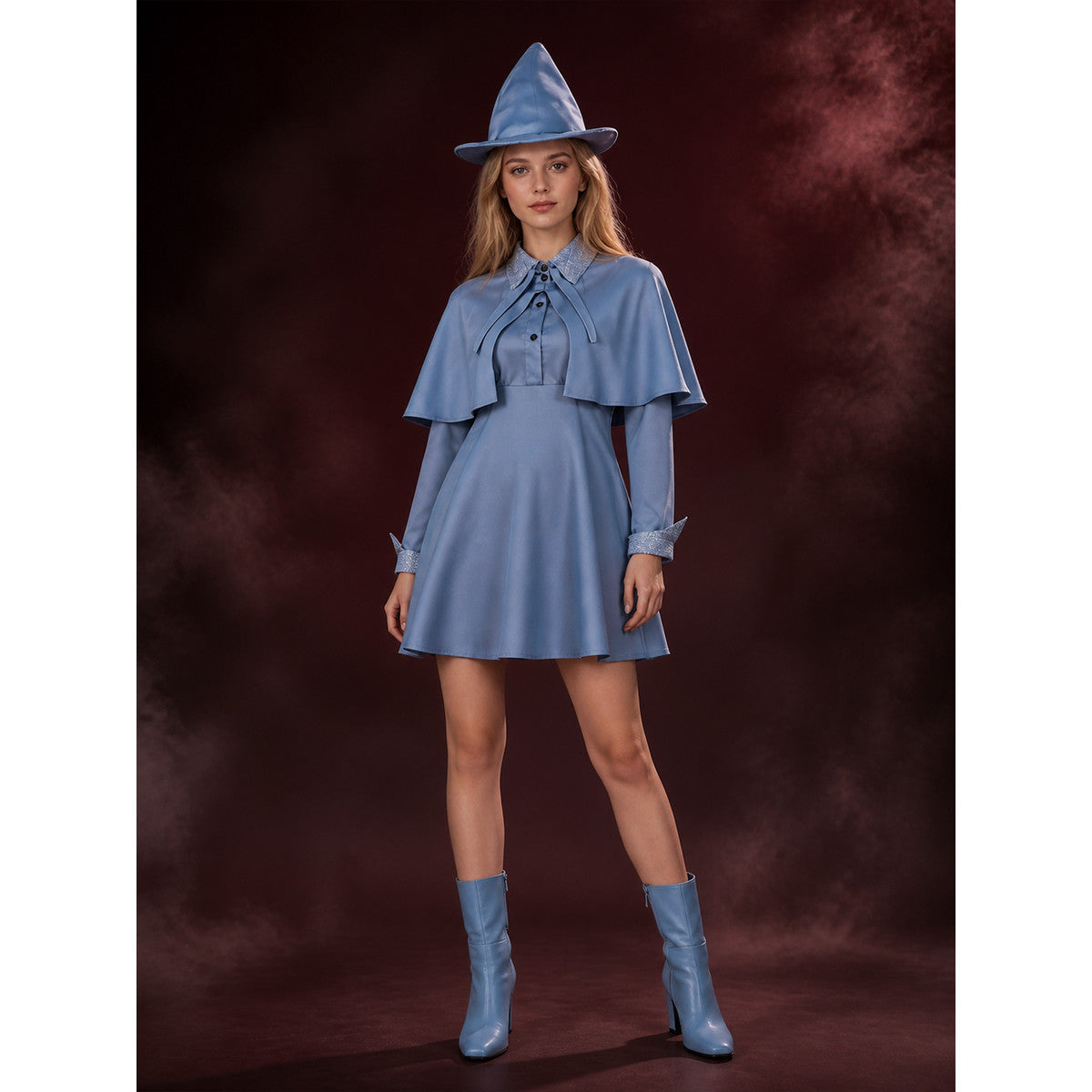 Women's Blue Witch Costume Set with Cape and Dress, Halloween Cosplay Outfit main product view