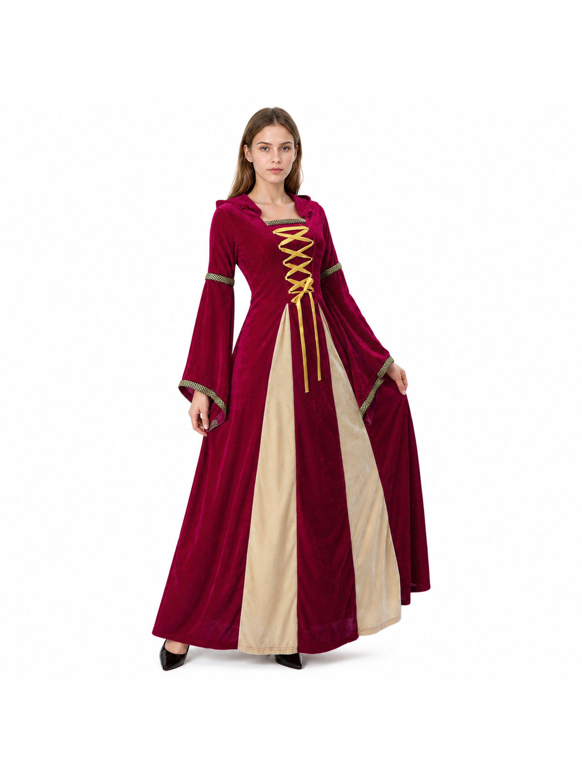 Medieval Hooded Dress with Gold Trim Costume Dresses detail