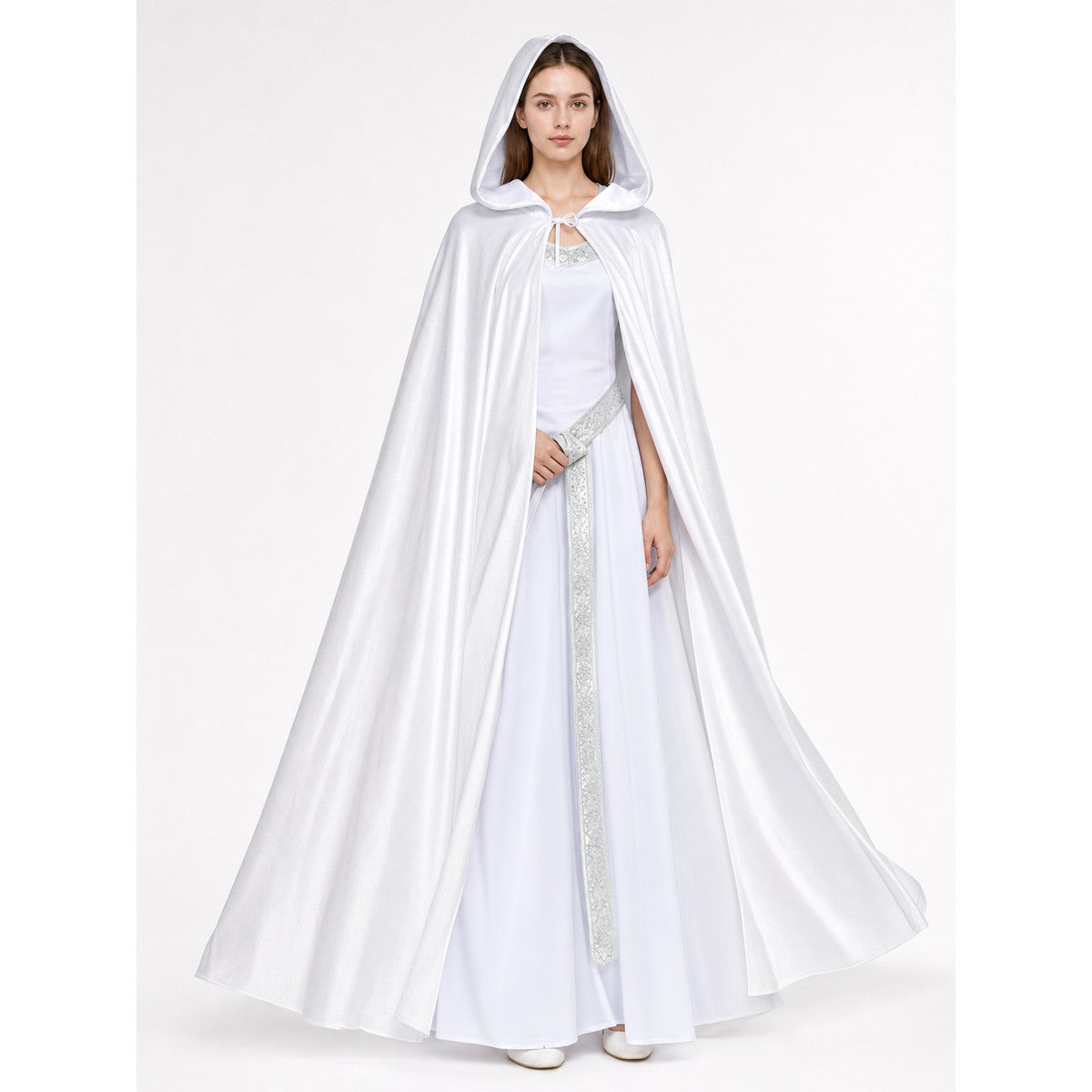 White Hooded Costume Cape, Medieval lifestyle view 3