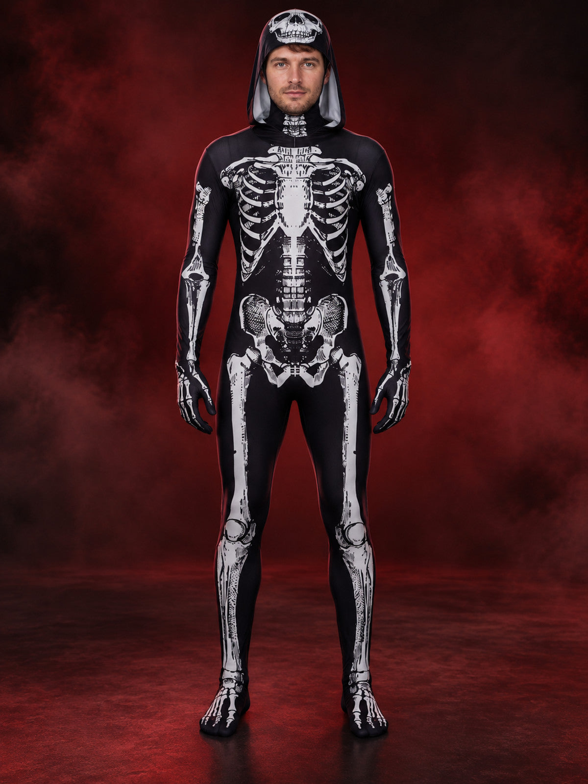 Black and White Skeleton Costume Hooded Jumpsuit with Print