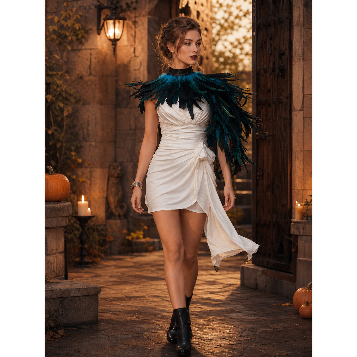 Asymmetrical Feather Cape, 1 Piece, Layered Teal/Dark Blue/Black Feather Trim, Right Side Long Feather Drape, Neckline Feather Decor, Costume Cape