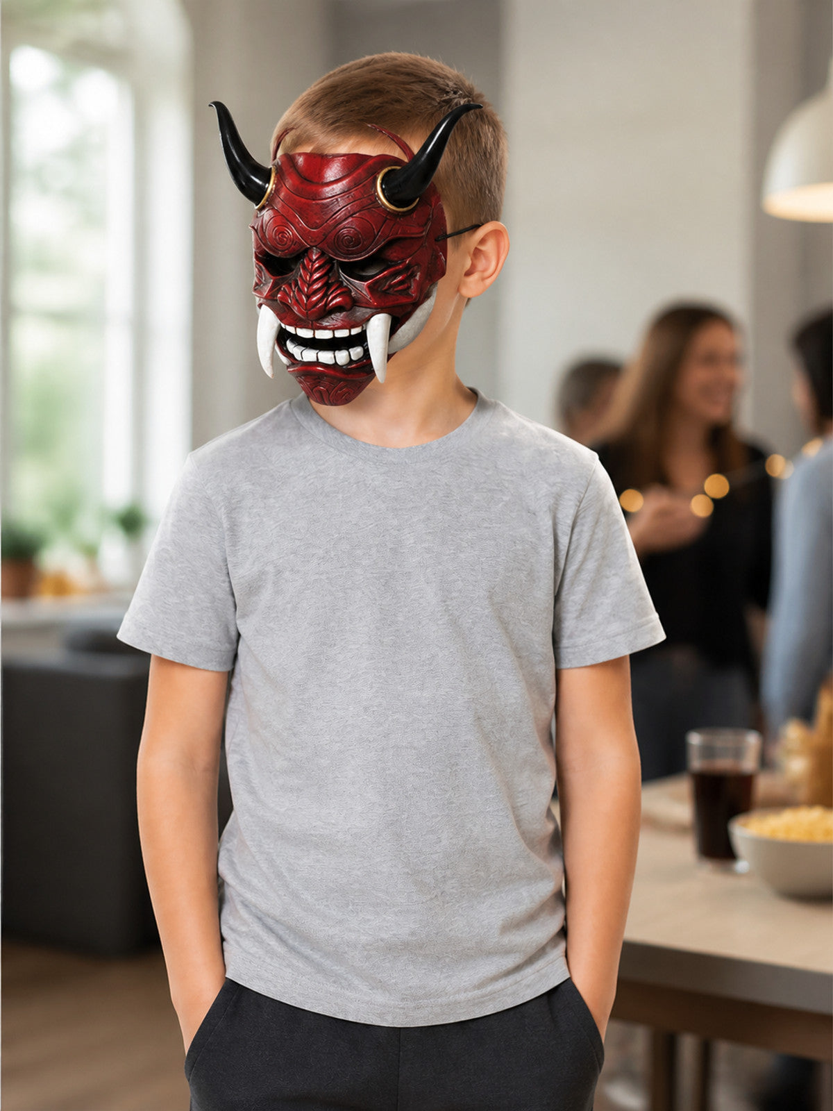 Red Carnival Mask with Horns and Fangs lifestyle view