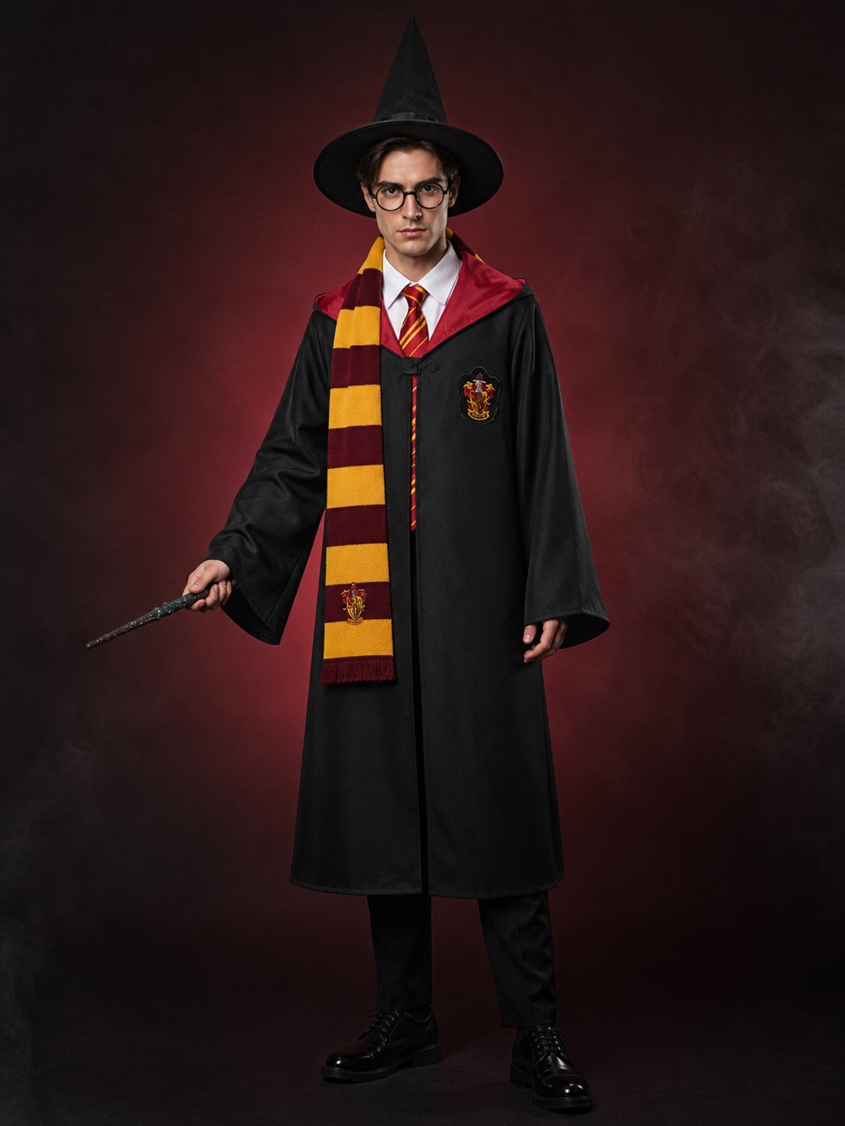 Black Hooded Wizard Robe Costume Set with School Crest, Hat, Tie, Scarf