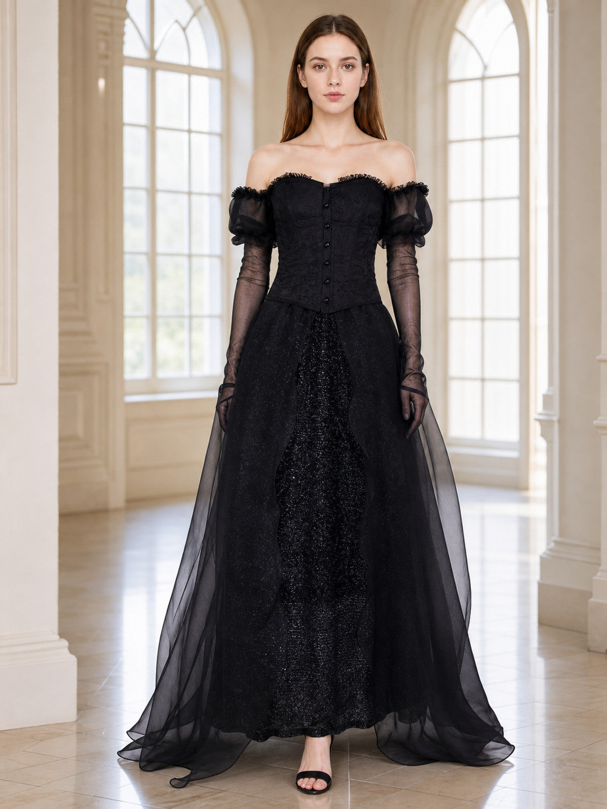 Gothic Black Cosplay Dress with Belt lifestyle view