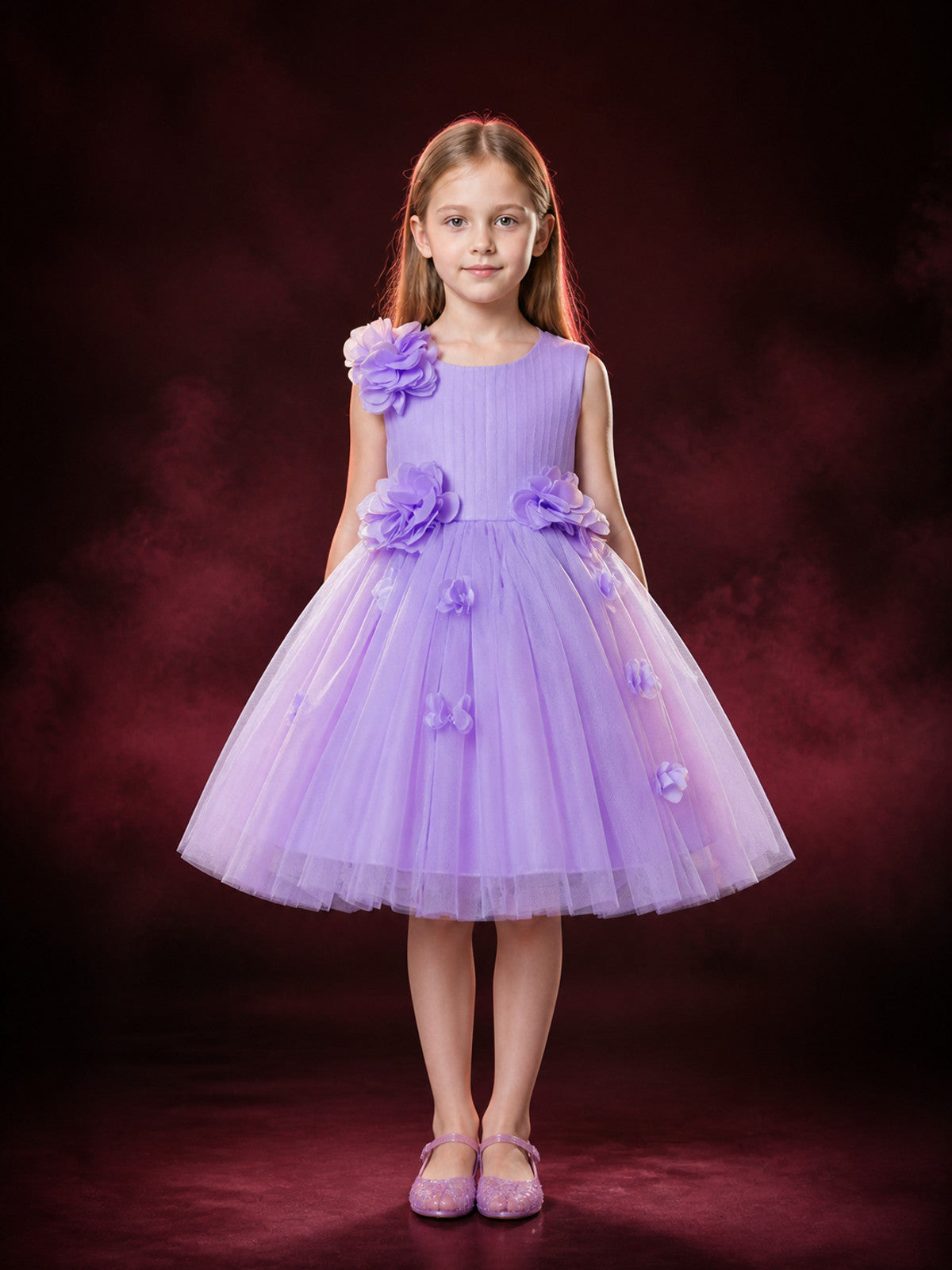 Girls' Lavender Princess Dress, Layered Tulle 3D Floral Flower Girl Outfit main product view