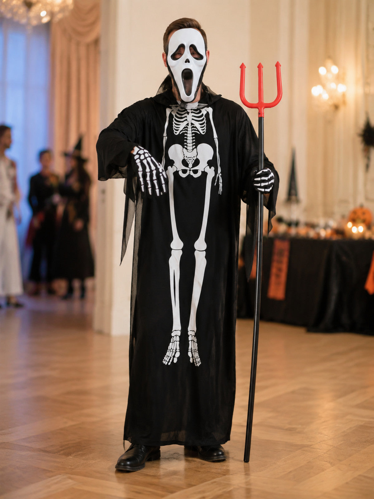 Skeleton robe costume with mask and trident lifestyle view