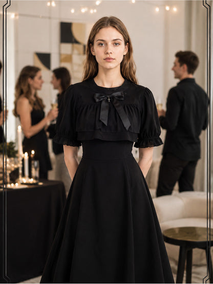 Black Retro-Style Dress with Cape and Bow lifestyle view