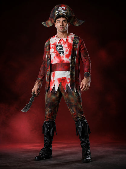 Men's Red Black Pirate Costume Set with Skull and Crossbones Hat, Jacket, Pants