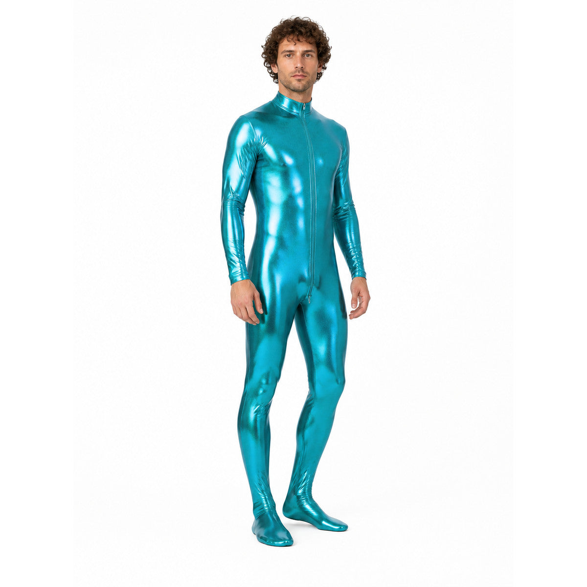 Glossy form-fitting jumpsuit with a zipper for the stage lifestyle view