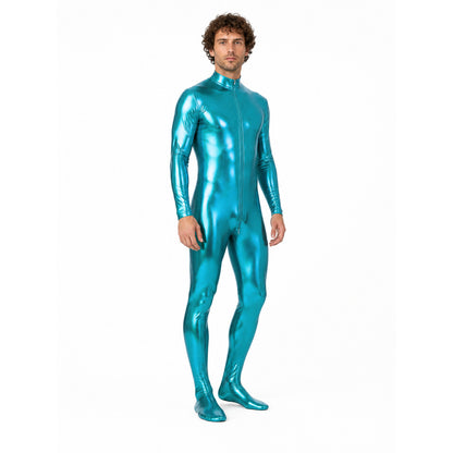 Glossy form-fitting jumpsuit with a zipper for the stage lifestyle view