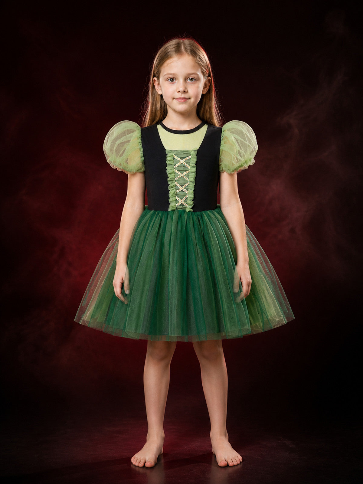 Girls' Dark Green Princess Dress, Puff Sleeves and Layered Full Skirt Costume main product view