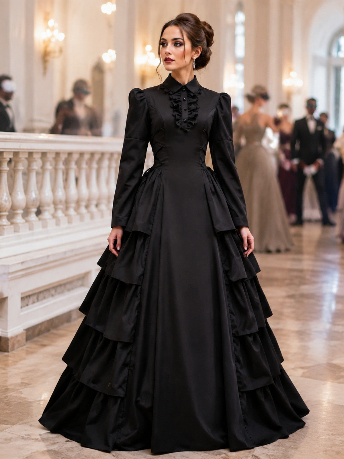 Long Black Victorian-Style Ruffled Dress lifestyle view