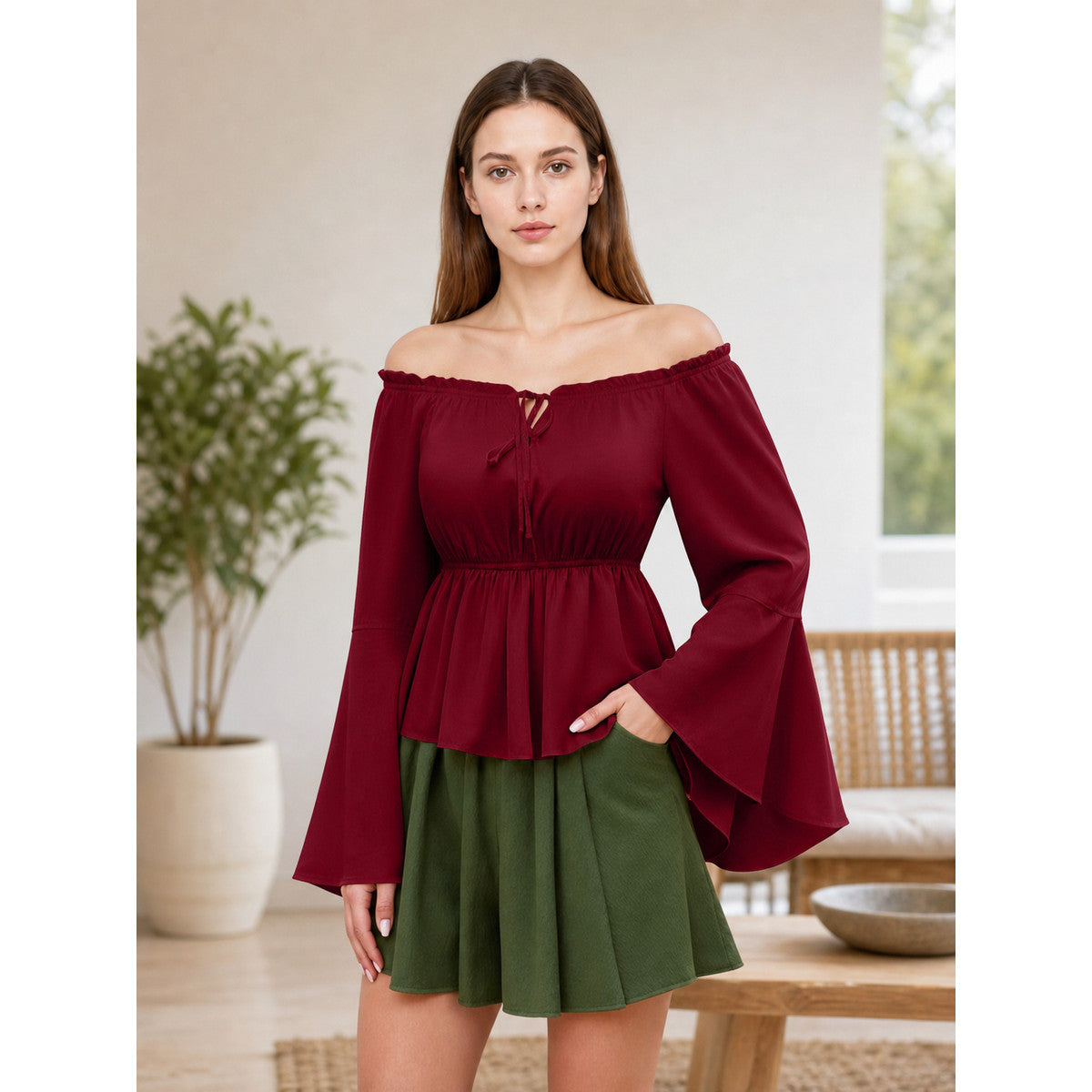 Off-the-Shoulder Blouse with Flared Cuffs lifestyle view