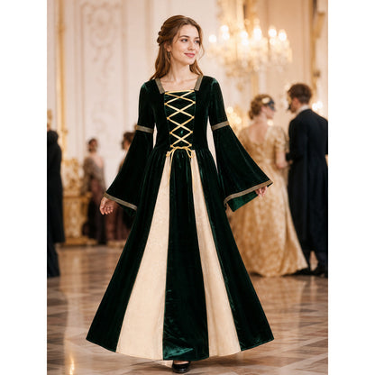 Long Gothic court-style costume dress with flared sleeves and skirt. The design combines deep green, black, cream, and gold tones. The upper section features decorative gold-tone crisscross lacing that accentuates the front. The cream inser